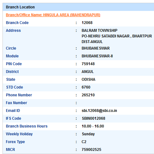 Hingula Area Mahendrapur Sbi