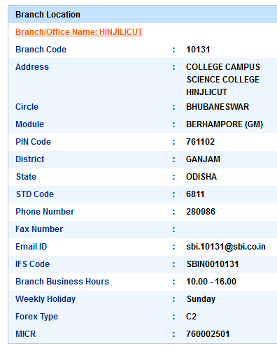 Hinjilicut sbi swift code ifsc code micr code branch address contact number address