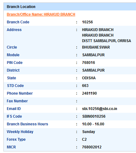 Hirakud Branch sbiifsc code