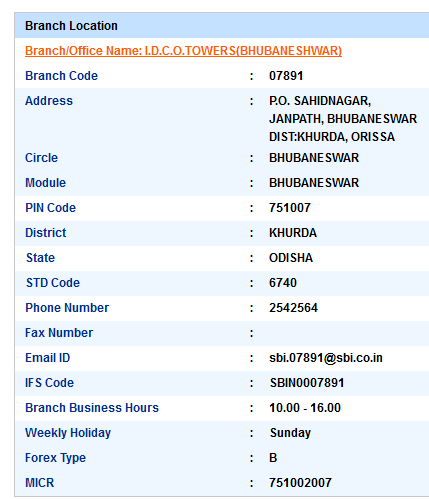 I.D.C.O.Towers(Bhubaneshwar) sbi swift code ifsc code micr code branch address contact number address