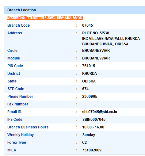 IFSC Code of SBI I.R.C.Village Branch