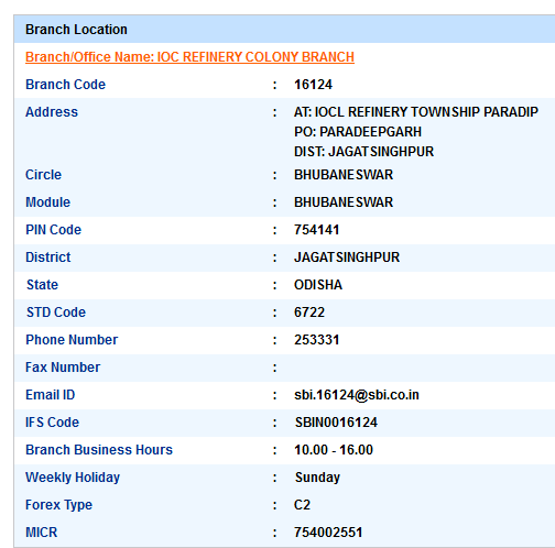 IFSC Code of SBI Ioc Refinery Colony Branch