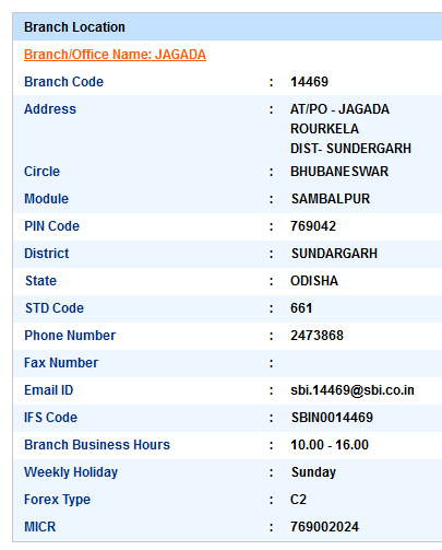 IFSC Code of SBI Jagada