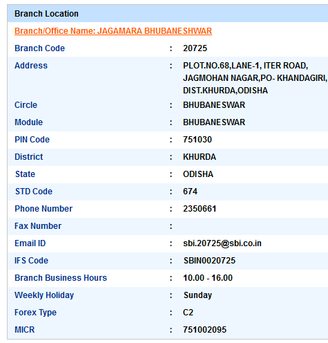 Jagamara Bhubaneshwar sbiifsc code