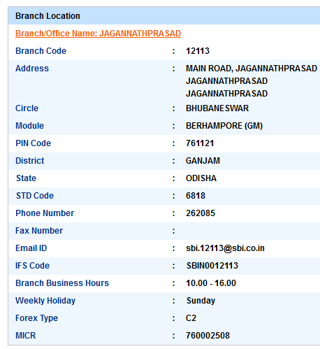 IFSC Code of SBI Jagannathprasad