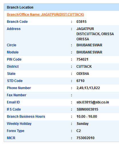 IFSC Code of SBI Jagatpur Dist.Cuttack