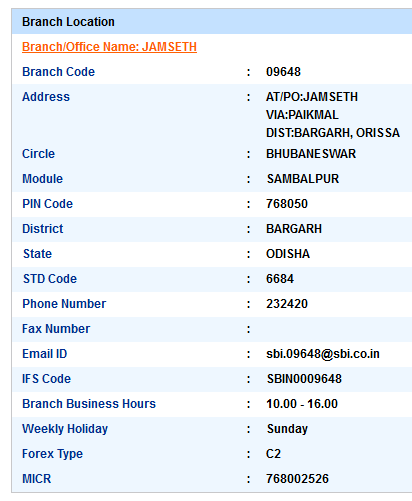 Jamseth sbi ifsc code