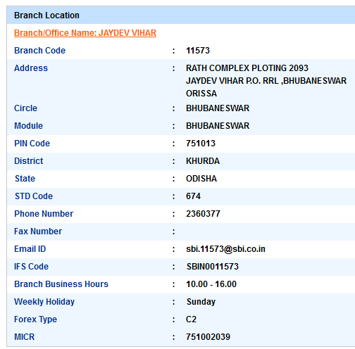 Jaydev Vihar sbiifsc code