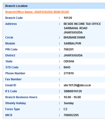 IFSC Code of SBI Jharsuguda Main Road