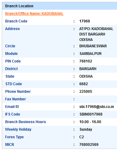 Kadobahal sbi ifsc code