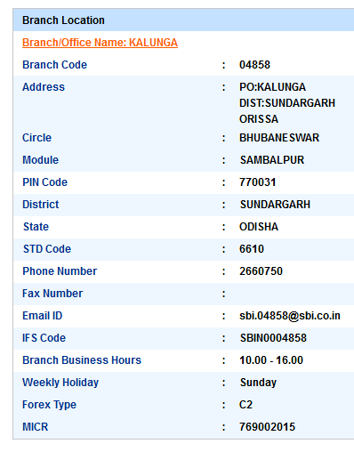 IFSC Code of SBI Kalunga