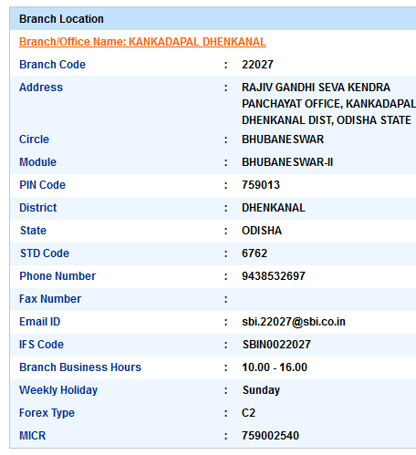 Kankadapal Dhenkanal sbi swift code ifsc code micr code branch address contact number address