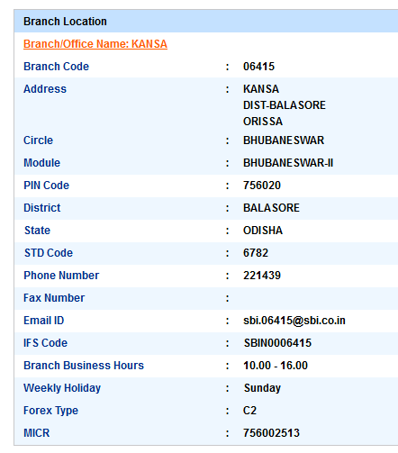 IFSC Code of SBI Kansa