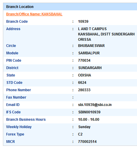 Kansbahal sbiifsc code