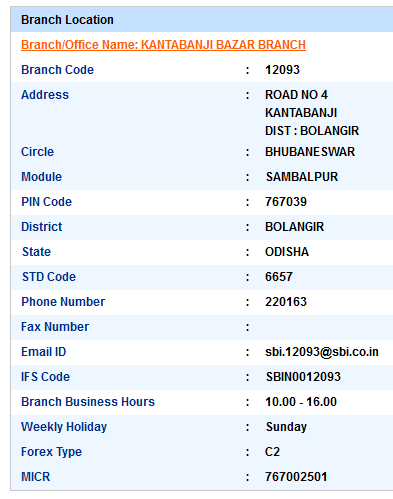 Kantabanji Bazar Branch sbi swift code ifsc code micr code branch address contact number address