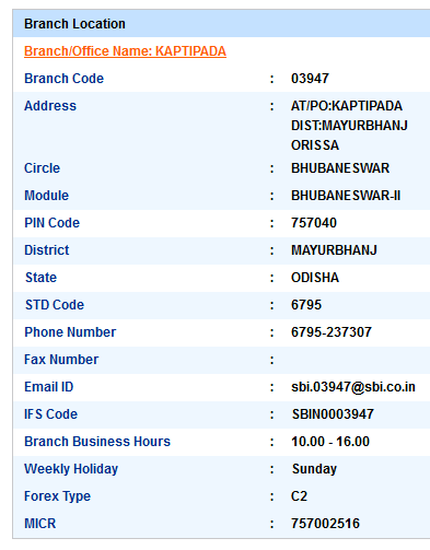 IFSC Code of SBI Kaptipada