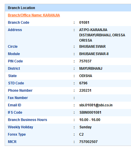 IFSC Code of SBI Karanjia