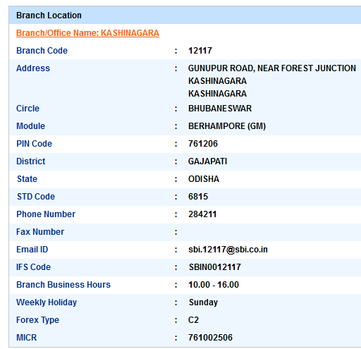IFSC Code of SBI Kashinagara