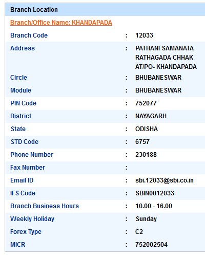 Khandapada sbi swift code ifsc code micr code branch address contact number address