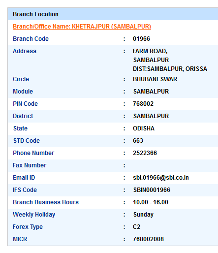 IFSC Code of SBI Khetrajpur Sambalpur