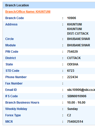 IFSC Code of SBI Khuntuni