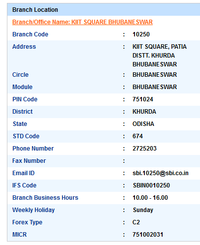 IFSC Code of SBI Kiit Square