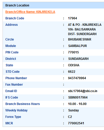 IFSC Code of SBI Kinjirekela