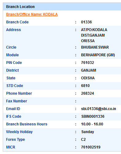 Kodala sbiifsc code