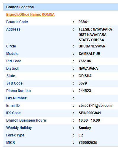 IFSC Code of SBI Komna