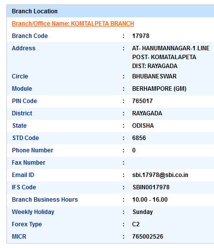 IFSC Code of SBI Komtalpeta Branch