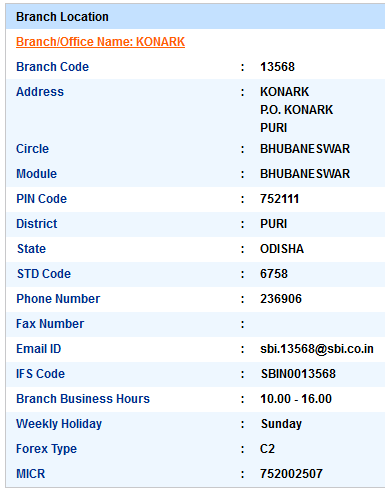 Konark sbi ifsc code