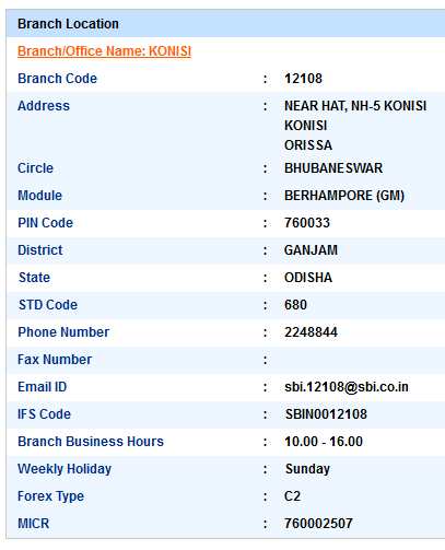 Konisi Sbi IFS Code