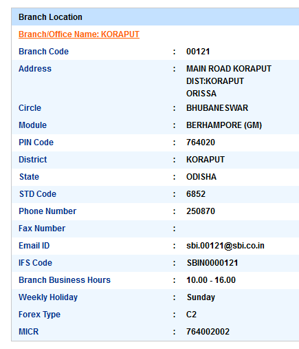 IFSC Code of SBI Koraput