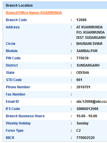 Kuarmunda sbi ifsc code