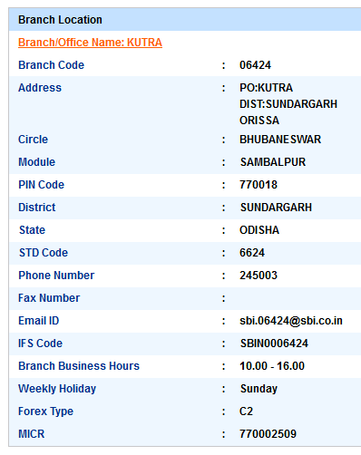 IFSC Code of SBI Kutra