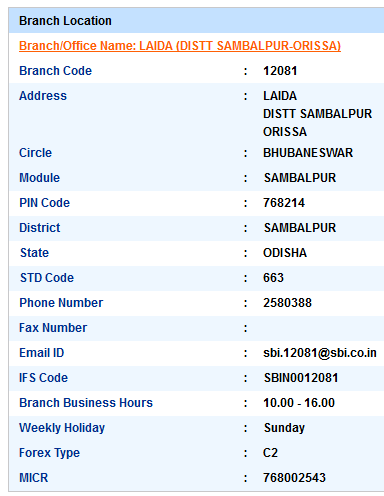 Laida (Distt Sambalpur-Orissa) sbi swift code ifsc code micr code branch address contact number address