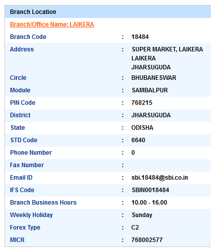 IFSC Code of SBI Laikera