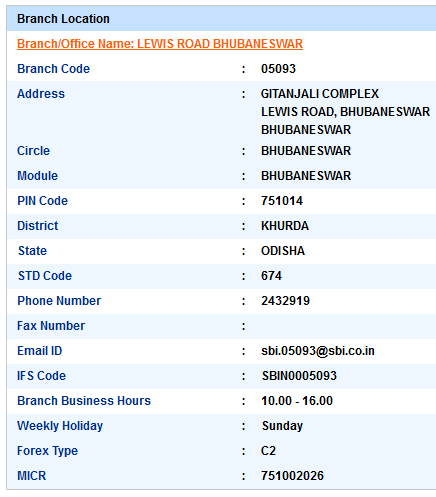 IFSC Code of SBI Lewis Road Bhubaneswar