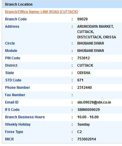 Link Road (Cuttack) sbiifsc code