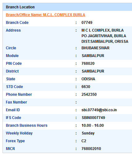 IFSC Code of SBI M.C.L. Complex Burla