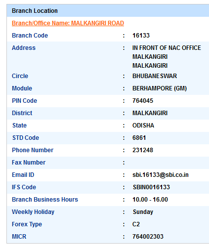 IFSC Code of SBI Malkangiri Road