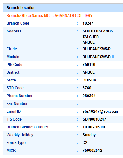 IFSC Code of SBI Mcl Jagannath Colliery