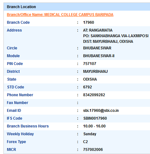 IFSC Code of SBI Medical College Campus Baripada