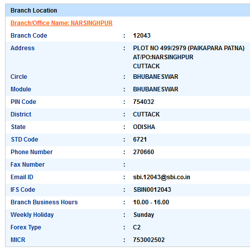 Narsinghpur sbiifsc code