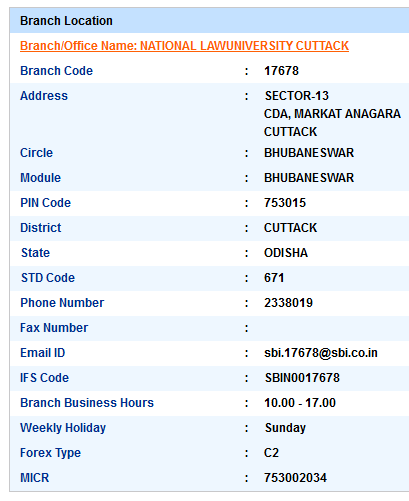 National Lawuniversity Cuttack Sbi