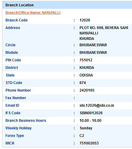 Nayapalli sbiifsc code