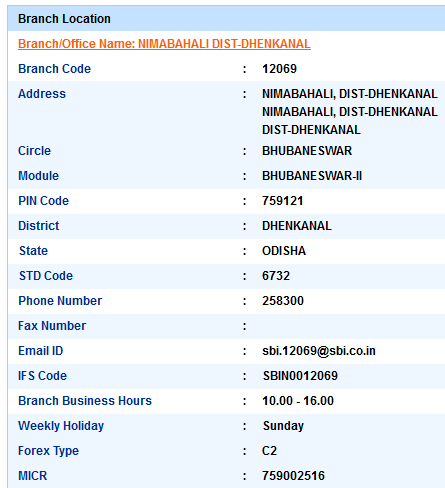 Nimabahali Dist-Dhenkanal sbiifsc code