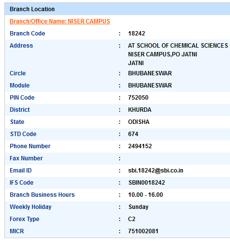 IFSC Code of SBI Niser Campus