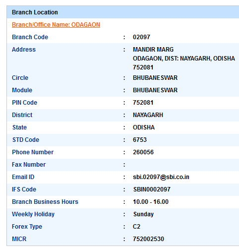 IFSC Code of SBI Odagaon