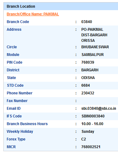 IFSC Code of SBI Paikmal